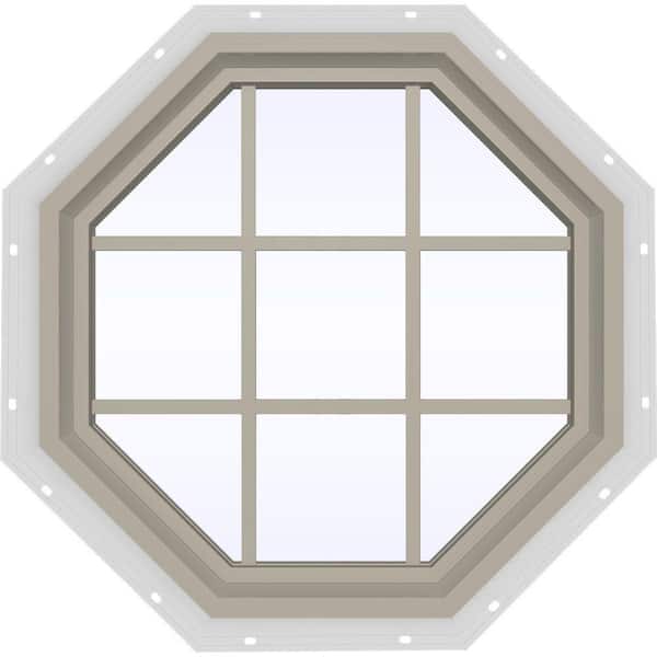 JELD-WEN 35.5 in. x 35.5 in. V-4500 Series Desert Sand Painted Vinyl Fixed Octagon Geometric Window with Colonial Grids/Grilles