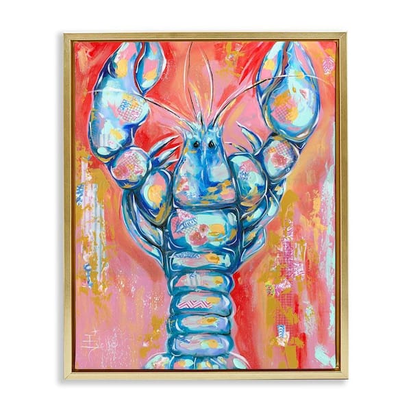 Abstract Patchwork Lobster by Estelle Grengs Gold Floater Frame Coastal Graphic Art Print 21 in. x 17 in.
