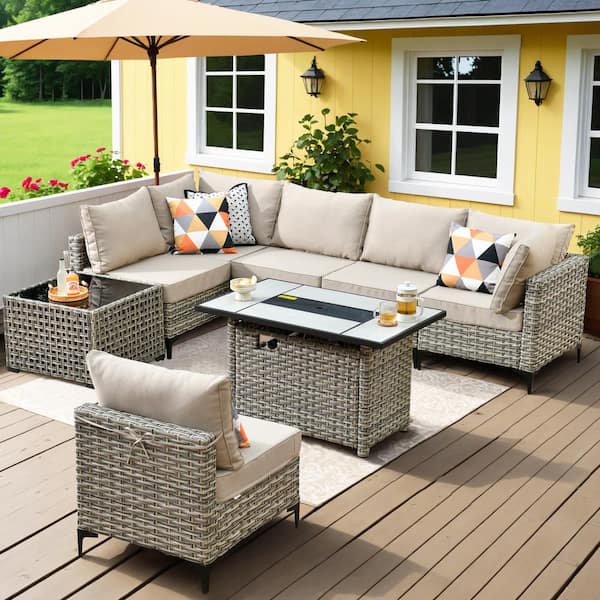 HOOOWOOO Holston 8-Piece Wicker Modern Outdoor Patio Rectangular Fire Pit Conversation Sofa Sectional Set with Beige Cushions