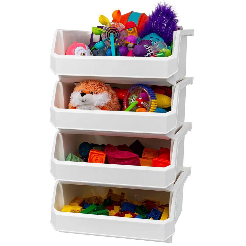 Plastic Stackable Storage Bin Containers for Organizing, Extra Large (14.8" x 16.5" x 7"), 4-Pack, White