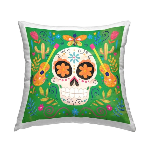 Green Day Of Dead Patterned Skull Green Floral Polyester 18in. X 18in. Throw Pillow