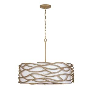 Branch Reality 60-Watt 6-Light Ashen Gold Drum Pendant Light with White Fabric Shade and No Bulbs Included