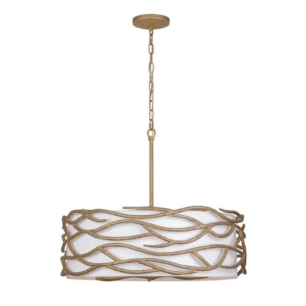 Branch Reality 60-Watt 6-Light Ashen Gold Drum Pendant Light with White Fabric Shade and No Bulbs Included