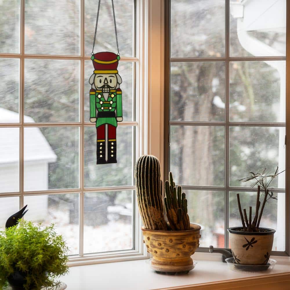14" Red and Green Stained Glass Nutcracker Window Panel
