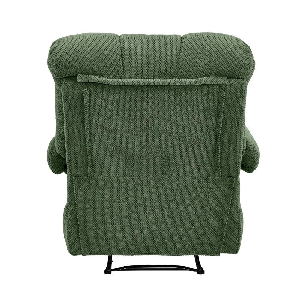 Close-up detail of the backrest padding of an army green recliner.