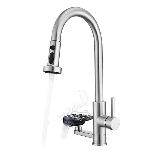 Single Handle Pull Down Sprayer Kitchen Faucet with Press-Type Glass Rinser 1 Hole Kitchen Basin Taps in Brushed Nickel