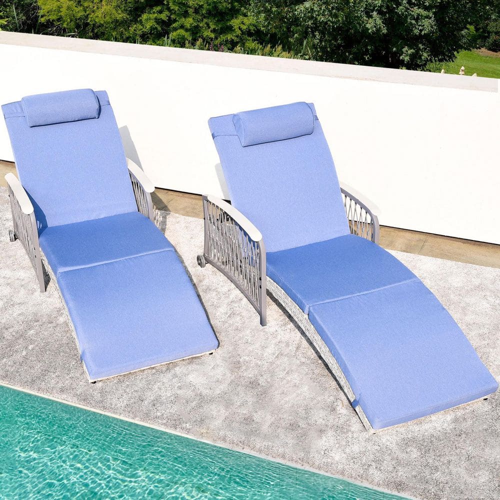 Gray 2-Piece Wicker Outdoor Chaise Lounge, Patio Lounge Chairs Recliners with 5-Position Backrest, Blue Cushions, Wheels price history on PriceWatchPro