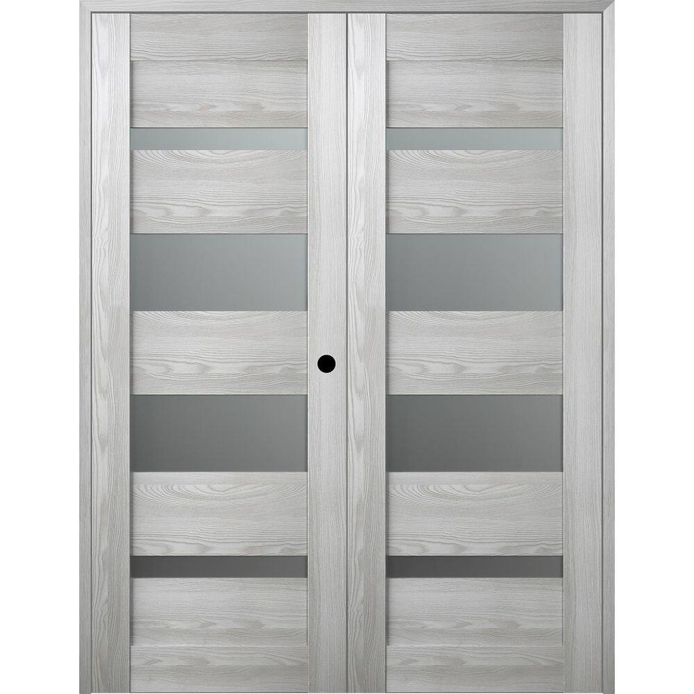 Gray Pine and Frosted Glass Double Prehung Interior Door