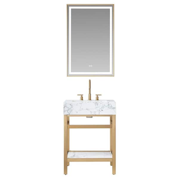 ROSWELL Ecija 24 in. W x 22 in. D x 33.9 in. H Single Sink Bath Vanity in Brushed Gold with White Composite Stone Top and Mirror
