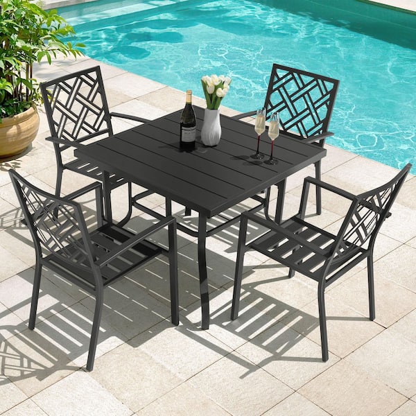 Black 5-Piece Metal Square Outdoor Dining Set, 37 in. Square Table with 1.6 in. Umbrella Hole and 4 Stackable Chairs