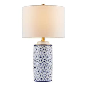 21.75 in. Blue and White Ceramic Table Lamp with Fabric Lamp Shade