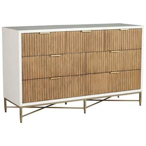 White and Gold 7-Drawer Mahogany Wood Dresser with Corrugated Panels