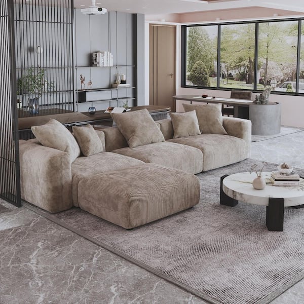 141.7 in. Square Arm Corduroy Velvet 4 Pieces Modular Free Combination Sectional Sofa with Ottoman in. Brown