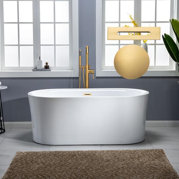 WOODBRIDGE 59 in. Acrylic Flatbottom Double Ended Air Bath Bathtub with Brushed Gold Overflow and Drain Included in White
