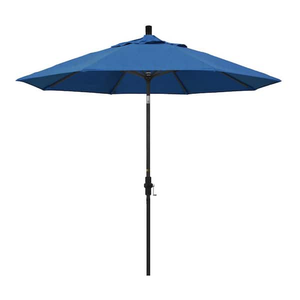 California Umbrella 9 ft. Stone Black Aluminum Collar Tilt Crank Lift Market Patio Umbrella in Regatta Sunbrella