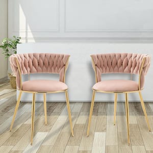 Modern Pink Velvet Dining Chairs Weaved Backrest Leisure Chair with Golden Metal Legs for Kitchen Living Room (Set of 2)
