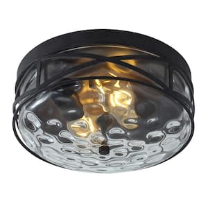 11.4 in. 2-Light Farmhouse Flush Mount Ceiling Light Fixture with Water Ripple Glass Shade