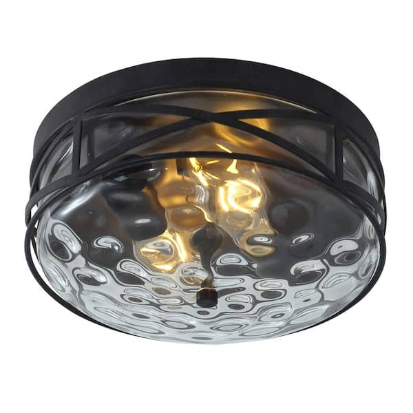 aiwen 11.4 in. 2-Light Farmhouse Flush Mount Ceiling Light Fixture with Water Ripple Glass Shade