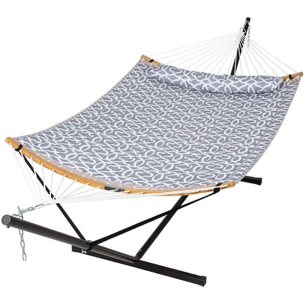 Atesun 12 ft. Free Standing, 475 lbs. Capacity, Heavy-Duty 2-Person Hammock with Stand and Detachable Pillow in Gray Pattern