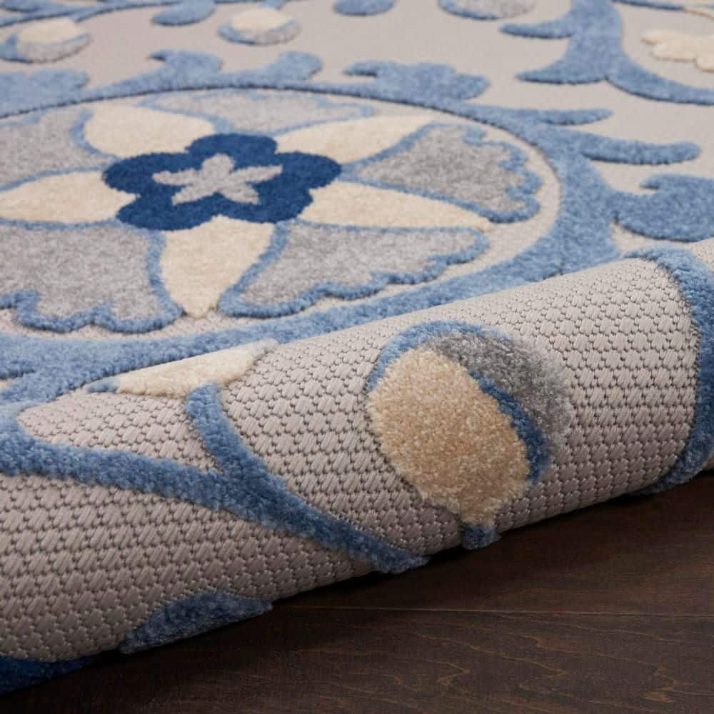 Blue and Grey Floral Synthetic Flat Woven Rug, 3' x 5'