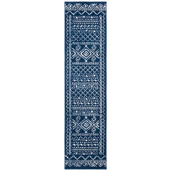 SAFAVIEH Tulum Navy/Ivory 2 ft. x 13 ft. Border Tribal Distressed Runner Rug