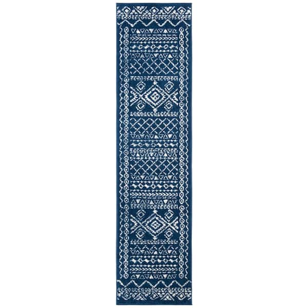 SAFAVIEH Tulum Navy/Ivory 2 ft. x 19 ft. Border Tribal Distressed Runner Rug