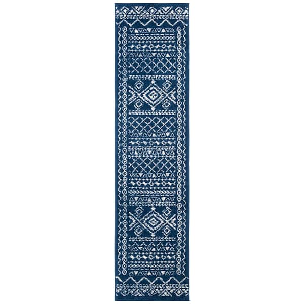 Tulum Navy/Ivory 2 ft. x 21 ft. Border Tribal Distressed Runner Rug