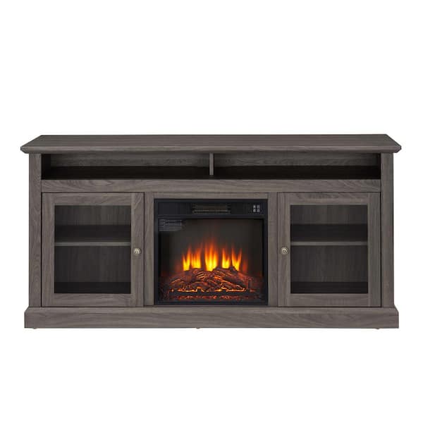 60 in. W x 15.75 in. D x 29 in. H Black Linen Cabinet W/ 18 in. Fireplace Insert & Storage, TV Stand for TV up to 65 in.