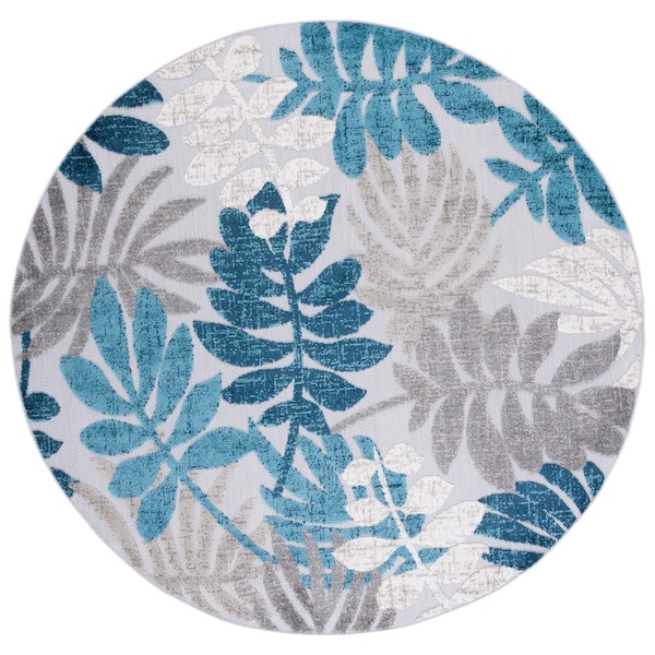 Cabana Gray/Blue 3 ft. x 3 ft. Abstract Palm Leaf Round Indoor/Outdoor Area Rug
