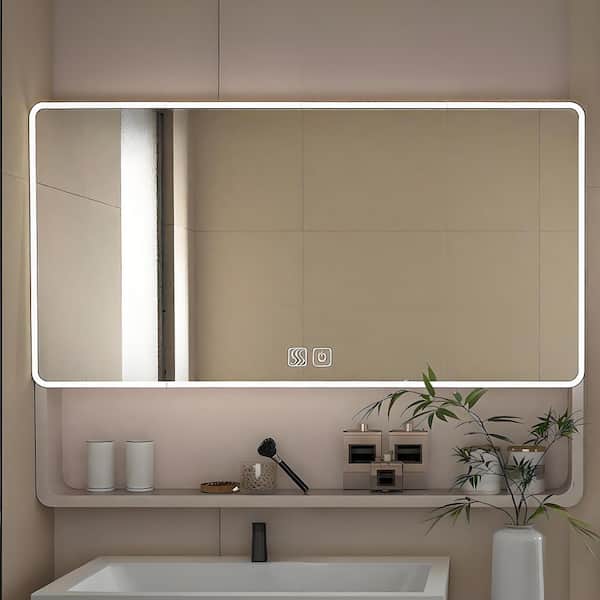 Andrea 35 in. W x 28 in. H Large Rectangular Khaki Surface Mount LED Light Medicine Cabinet with Defog and Hair Dryer Holder