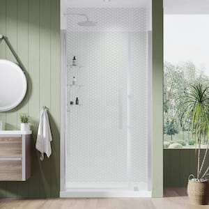 Pasadena 36in. L x 32in. W x 75in. H Alcove Shower Kit w/Pivot Frameless Shower Door in Chrome w/Shelves and Shower Pan