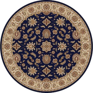 Como Navy 5 ft. Round Traditional Oriental Floral Area Rug