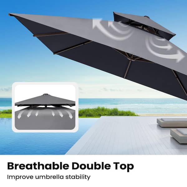 10 ft. x 13.5 ft. Aluminum Heavy Duty 360° Rotation Double-Top Cantilever Patio Umbrella in Gray and Umbrella Stand
