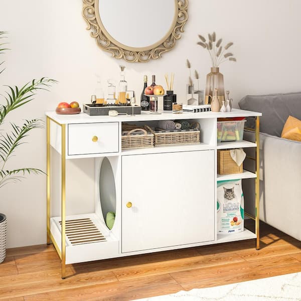 FUFU&GAGA White Cat Hidden Litter Box with Drawer and Shelves, 6 in 1 Wood Cat Litter Box Enclosure Furniture with Litter Catcher