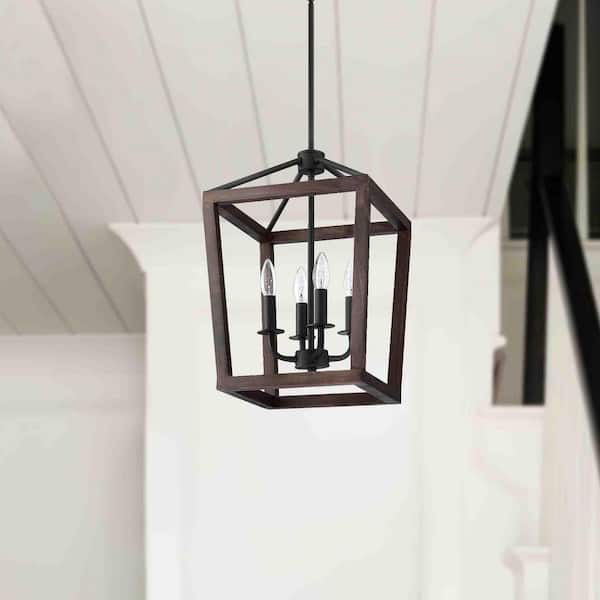 4-Light Black and Faux Wood Farmhouse Geometric Chandelier Light Fixture