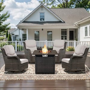 5-Piece Brown Wicker Outdoor Square Fire Pit Conversation Set with Beige Cushions and Swivel Rocker Patio Chairs