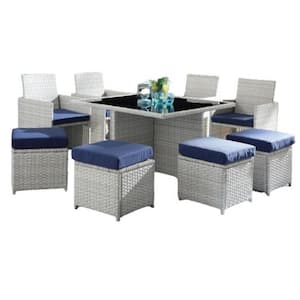 Gray 9-Piece Fabric and Wicker Outdoor Sectional Set with Cushion Guard Blue Cushions Patio Set