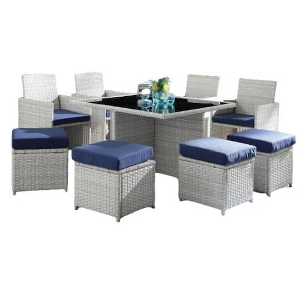 ITOPFOX Gray 9-Piece Fabric and Wicker Outdoor Sectional Set with Cushion Guard Blue Cushions Patio Set