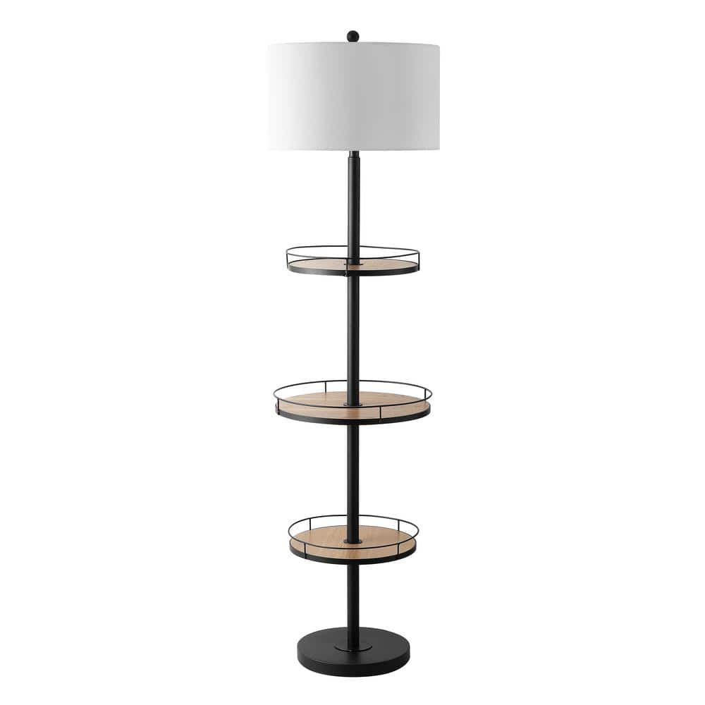 Matte Black 3-Shelf Floor Lamp with Wood Shelves