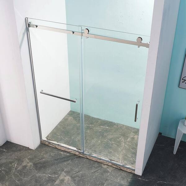Staykiwi 60 in. W x 75 in. H Sliding Semi-Frameless Shower Door in Brushed Nickel Finish with Clear Glass