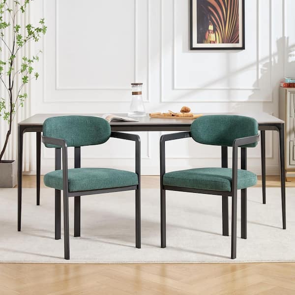 Bethany Antique Green and Black Fabric Upholstered Dining Chairs with Metal Legs, Set of 2