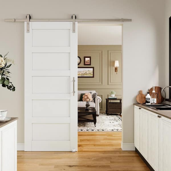 EH PUERTA 36 in. x 80 in. White Primed 5-Lite Pattern Paneled MDF Sliding Barn Door with Hardware Kit Nickel Plated