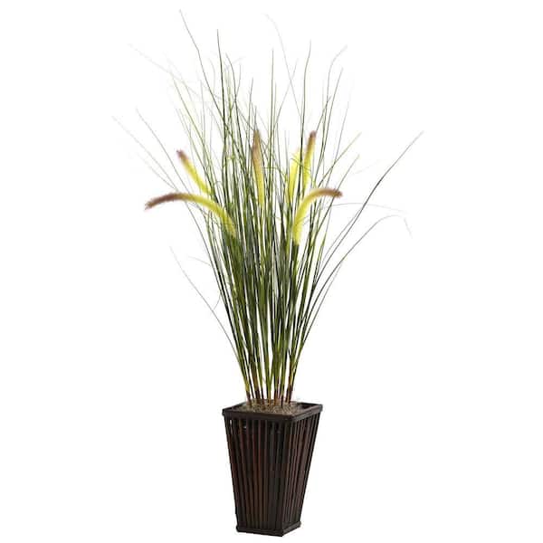 Nearly Natural Artificial Grass with Cattails and Bamboo Planter
