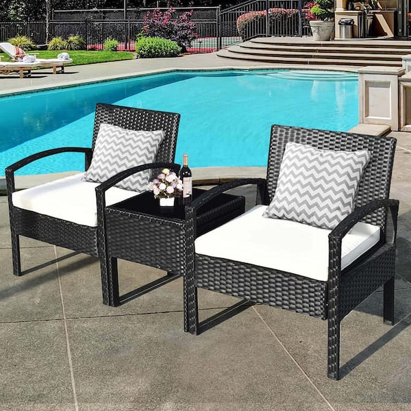 Zeus & Ruta 3-Piece Black Wicker Outdoor Bistro Table with Beige Cushions and 2-Chairs for Backyard, Poolside, Garden