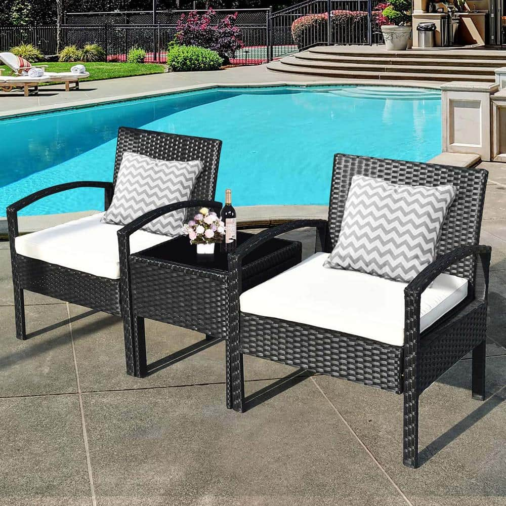 Zeus & Ruta 3-Piece Black Wicker Outdoor Bistro Table with Gray ...