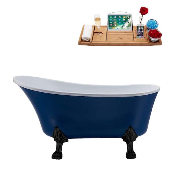 55 in. Acrylic Clawfoot Non-Whirlpool Bathtub in Matte Dark Blue With Matte Black Clawfeet And Matte Black Drain
