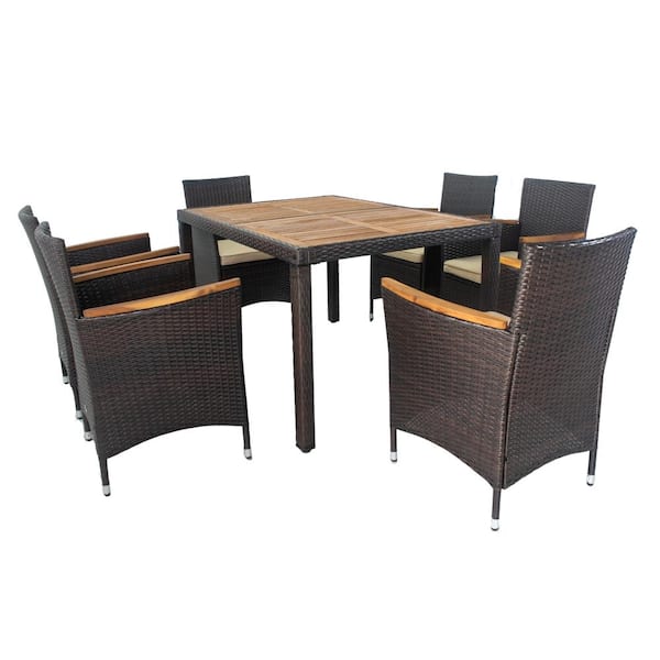 Cesicia Brown 7-Piece Wicker Outdoor Dining Set with Wood Table Top and Beige Cushions