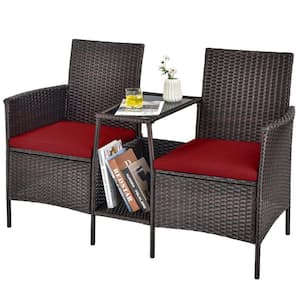 Brown 1-Piece Wicker Patio Conversation Set Seat Sofa Loveseat Glass Table Chair with Red Cushions