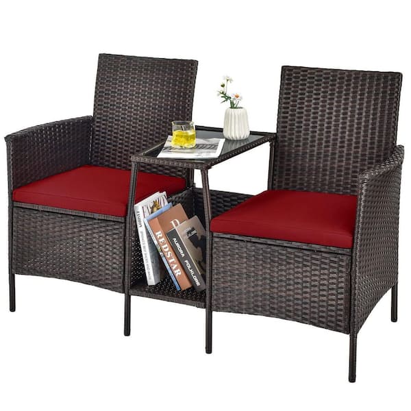 Alpulon Brown 1-Piece Wicker Patio Conversation Set Seat Sofa Loveseat Glass Table Chair with Red Cushions
