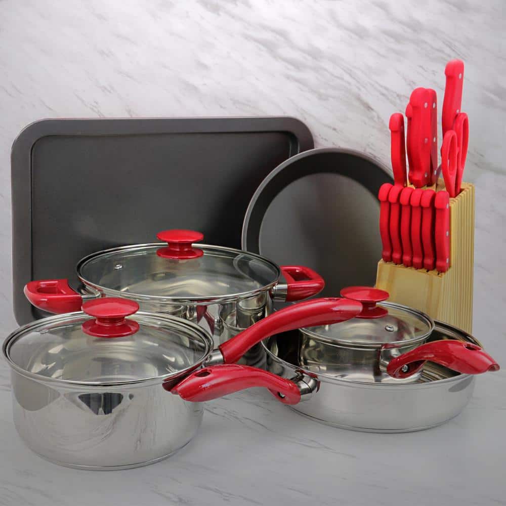 MegaChef 22-Piece Red Non-Stick Stainless Steel Cookware Set